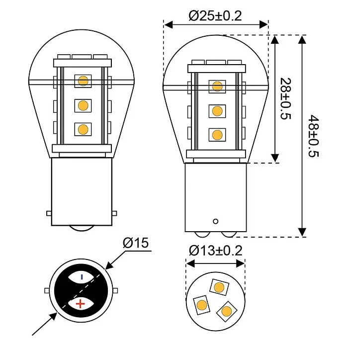 Talamex LED-Leuchtmittel für Boote - 1,6 W, 10 V - 30 V, Lichtfarbe: Warmweiß, G (A bis G) - Eine detaillierte Zeichnung einer LED-Lampe mit Buchtockel, inklusive Maßangaben, zur präzisen Produktbeschreibung.
