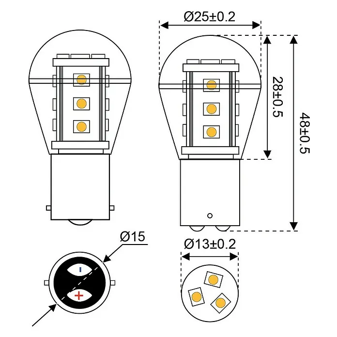 Talamex LED-Leuchtmittel für Boote - 1,6 W, 10 V - 30 V, Lichtfarbe: Warmweiß, G (A bis G) - Eine detaillierte Zeichnung einer LED-Lampe mit Buchtockel, inklusive Maßangaben, zur präzisen Produktbeschreibung.