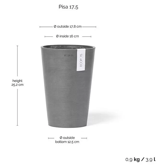 Ecopots Vase Pisa - Ø x H: 17,8 x 25,2 cm, Kunststoff, Grau - Grauer, konischer Pflanztopf mit „ECOPOTS“-Etikett, der Höhe und Durchmesser anzeigt.