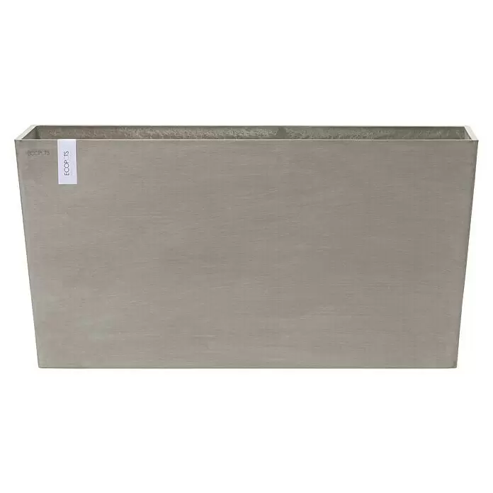 Ecopots Pflanzkasten Paris - Außenmaß (L x B x H): 100,5 x 39,6 x 51,8 cm, Kunststoff, Braungrau, Ausstattung Pflanzgefäß: Rollen - Hellgrauer rechteckiger Pflanzkübel mit dezenter Textur und ECOPOTS-Etikett.