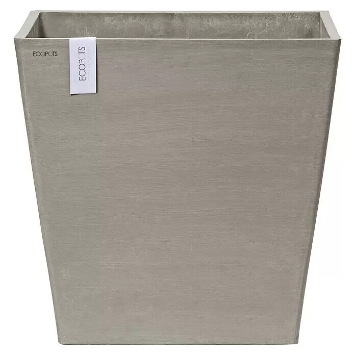 Ecopots Rotterdam Pflanzkasten mit Rollen - Außenmaß (L x B x H): 50,2 x 50,2 x 49,5 cm, Kunststoff, Braungrau - Quadratischer grauer Pflanzkübel mit strukturierter Oberfläche und "ECOPOTS"-Etikett.