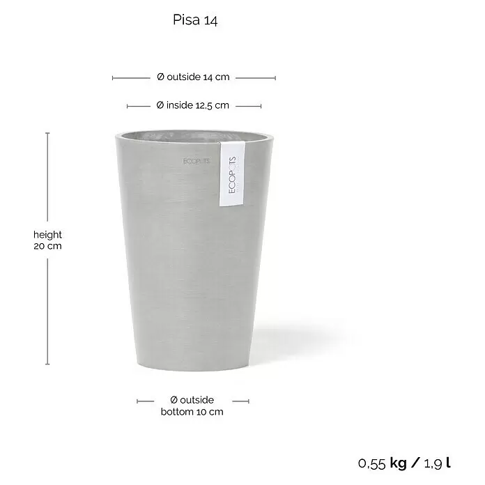 Ecopots Vase Pisa - Ø x H: 14 x 20 cm, Kunststoff, Weißgrau - Grauer konischer Pflanzentopf 'Pisa 14' mit Struktur, Maße: 20 cm hoch, 14 cm oben außen, 10 cm unten außen; 1,9 L Volumen.