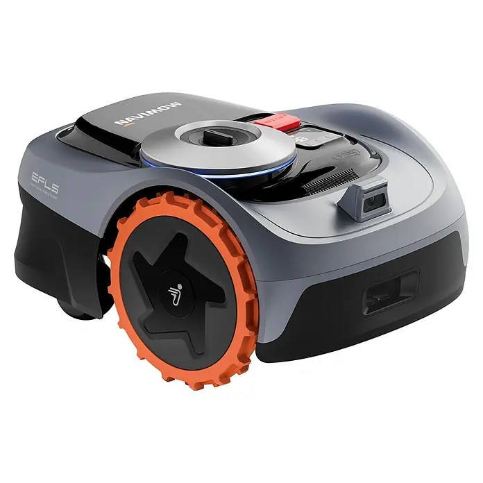 Segway Mähroboter Navimow i105E - 500 m², Schnittbreite: 18 cm, Satellitengestützte Navigation, RTK - Nahaufnahme eines Navimow EFLS Robotermähers mit oranger Reifenkante und modernen Design.