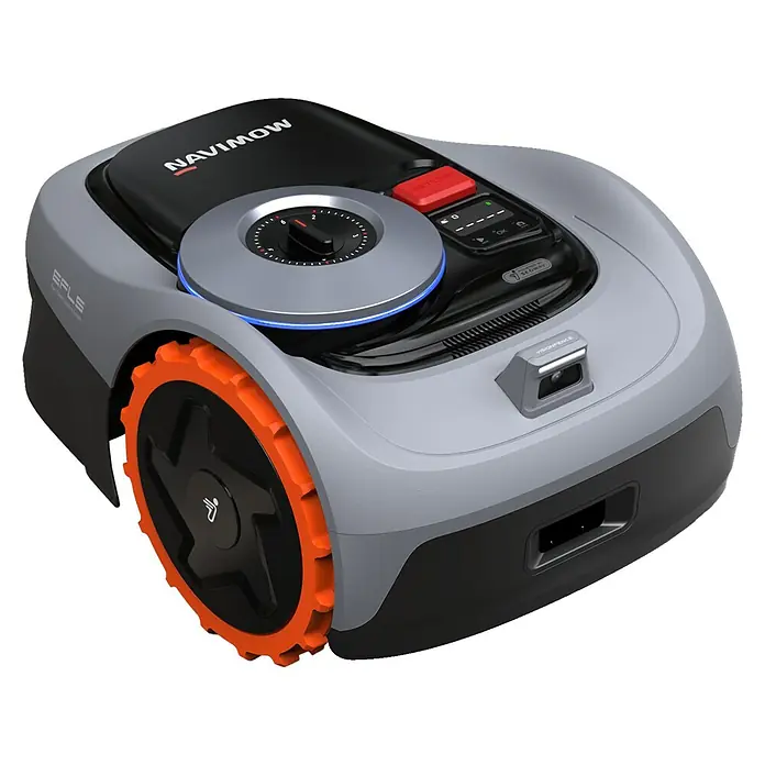 Segway Mähroboter Navimow i105E - 500 m², Schnittbreite: 18 cm, Satellitengestützte Navigation, RTK - Ein grauer Navimow-Mähroboter mit orangefarbenen Rädern und einem runden Bedienfeld obenauf.