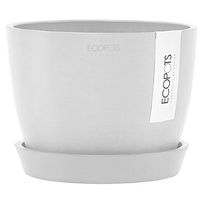 Ecopots Pflanztopf Stockholm - Außenmaß (Ø x H): 16,2 x 12 cm, Kunststoff, Weiß - Hellgrauer, texturierter Blumentopf mit passendem Untersetzer und „ECOPOTS“-Etikett.