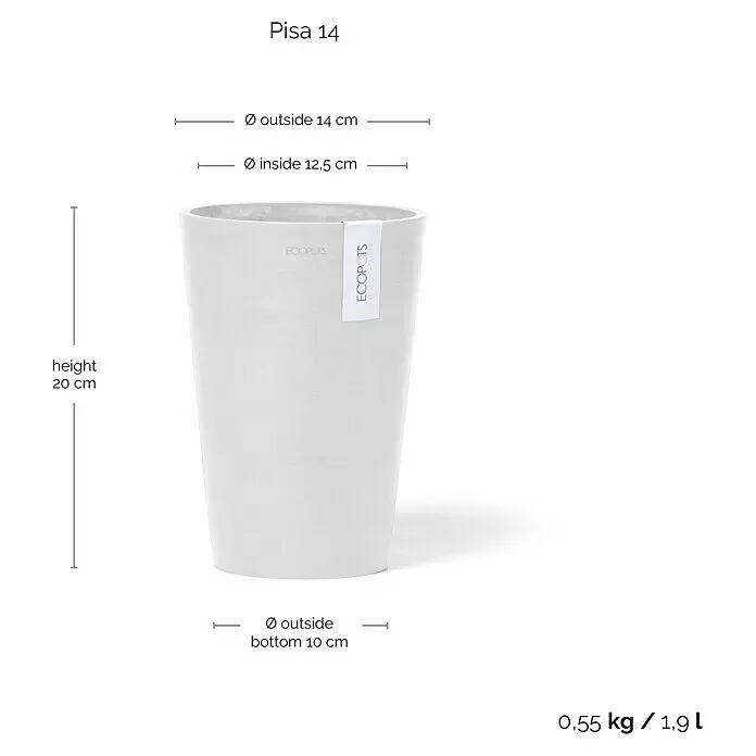 Ecopots Vase Pisa - Ø x H: 14 x 20 cm, Kunststoff, Weiß - Hellgrauer, texturierter, konischer Pflanzentopf 'Pisa 14' von ECOPOTS.