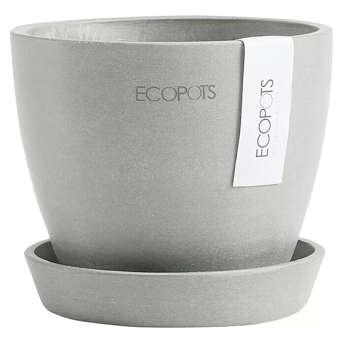 Ecopots Pflanztopf Antwerpen Mini - Außenmaß (Ø x H): 11,5 x 10,1 cm, Kunststoff, Weiß Grau - Hellgrauer ECOPOTS Blumentopf mit passendem Untersetzer.