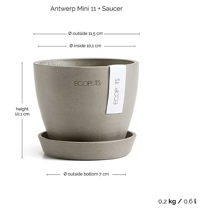 Ecopots Pflanztopf Antwerpen Mini - Außenmaß (Ø x H): 11,5 x 10,1 cm, Kunststoff, Braungrau - Grauer ECOPOTS Antwerp Mini Pflanztopf mit Untertasse, Maße, Gewicht 0,2kg, Volumen 0,6L.