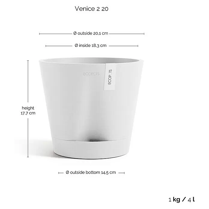 Ecopots Pflanztopf Venice 2 - Außenmaß (Ø x H): 20,1 x 17,7 cm, Kunststoff, Weiß - Weißer ECOPOTS Pflanztopf, 17,7 cm hoch, 20,1 cm Außendurchmesser oben, 4 L Volumen.