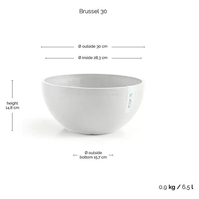 Ecopots Brussels Pflanzschale rund - Außenmaß (Ø x H): 30 x 14,8 cm, Kunststoff, Weiß - Hellgrauer, runder schalenförmiger Pflanztopf.
