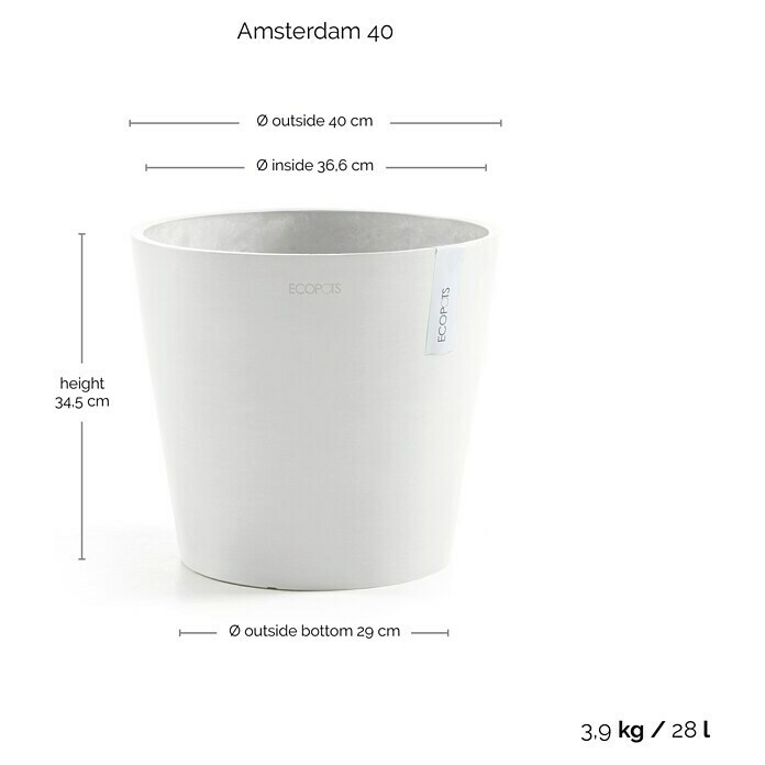 Ecopots Amsterdam Pflanztopf (Außenmaß (Ø x H): 40 x 35 cm, Kunststoff, Weiß) | BAUHAUS