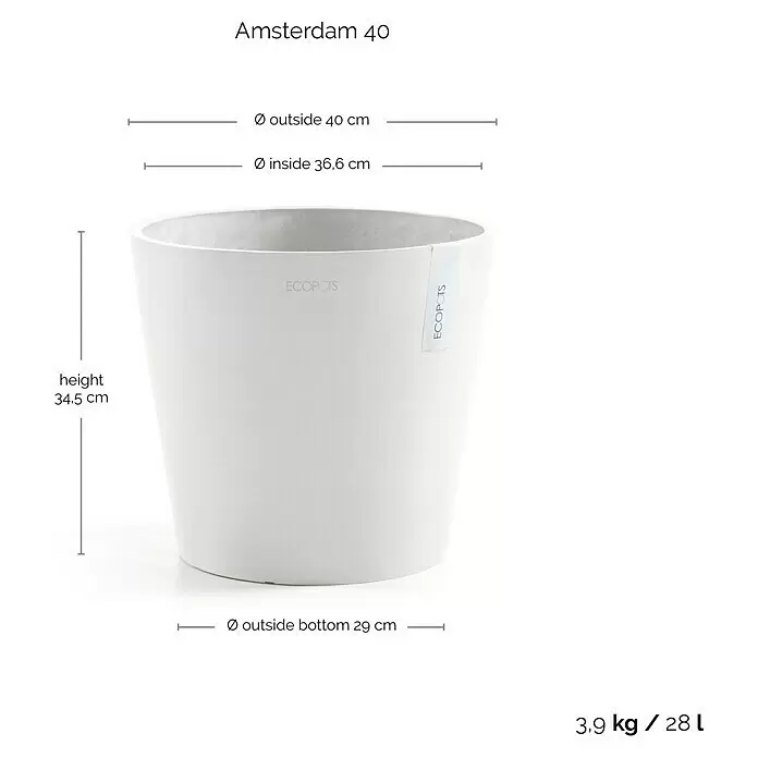 Ecopots Amsterdam Pflanztopf - Außenmaß (Ø x H): 40 x 34,5 cm, Kunststoff, Weiß - Heller, konischer Blumentopf in Grau mit Ecopots-Logo.