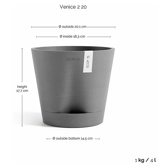 Ecopots Pflanztopf Venice 2 - Außenmaß (Ø x H): 20,1 x 17,7 cm, Kunststoff, Grau - Grauer Pflanztopf mit Untersetzer und abgebildeten Maßen.