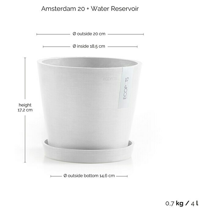 Ecopots Amsterdam Pflanzkübel rund (Außenmaß (Ø x H): 20 x 17,2 cm, Kunststoff, Weiß, Mit Bewässerungssystem) | BAUHAUS