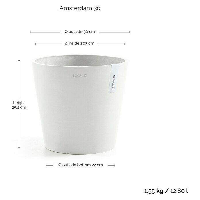 Ecopots Amsterdam Pflanztopf (Außenmaß (Ø x H): 30 x 26 cm, Kunststoff, Weiß) | BAUHAUS