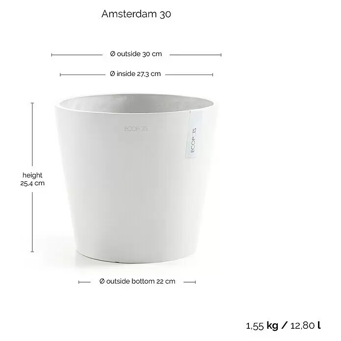 Ecopots Amsterdam Pflanztopf - Außenmaß (Ø x H): 30 x 25,4 cm, Kunststoff, Weiß - Weißer Amsterdam 30 Blumentopf, 25,4 cm hoch, 30 cm Ø oben. Fassungsvermögen 12,80 L, Gewicht 1,55 kg.