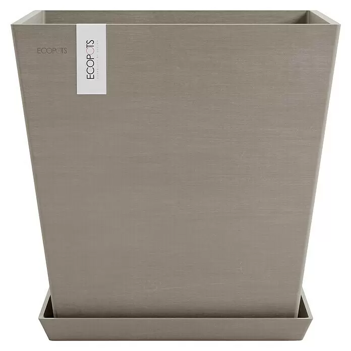 Ecopots Rotterdam Pflanzkasten mit Wasserspeicher - Außenmaß (L x B x H): 35 x 35 x 34,4 cm, Kunststoff, Braungrau - Heller grauer quadratischer Pflanzkübel mit passendem Untersetzer.