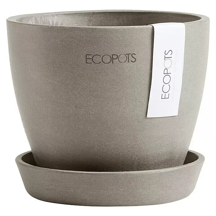 Ecopots Pflanztopf Antwerpen Mini - Außenmaß (Ø x H): 11,5 x 10,1 cm, Kunststoff, Braungrau - Strukturierter grauer Blumentopf mit passendem Untersetzer.