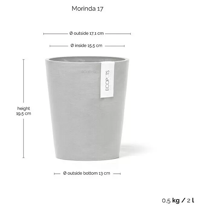 Ecopots Orchideentopf Morinda - Außenmaß (Ø x H): 17,1 x 19,5 cm, Kunststoff, Weiß Grau - Hellgrauer konischer ECOPOTS Pflanztopf mit Maßen: Höhe 19,5cm, oben außen 17,1cm, unten außen 13cm, 0,5kg/2L.