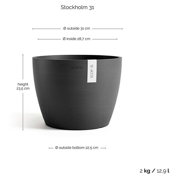 Ecopots Pflanztopf Stockholm (Außenmaß (Ø x H): 31 x 23,3 cm, Kunststoff, Dunkelgrau) | BAUHAUS