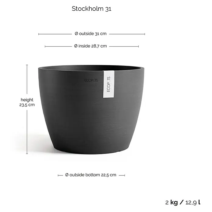 Ecopots Pflanztopf Stockholm - Außenmaß (Ø x H): 31 x 23,5 cm, Kunststoff, Dunkelgrau - Abgebildet ist ein grauer "Stockholm 31" Blumentopf von Ecopots mit den Maßen: Höhe 23,5 cm, Ø außen 31 cm, Ø innen 28,7 cm, Ø Boden 22,5 cm, Gewicht 2 kg, Volumen 12,9 L.