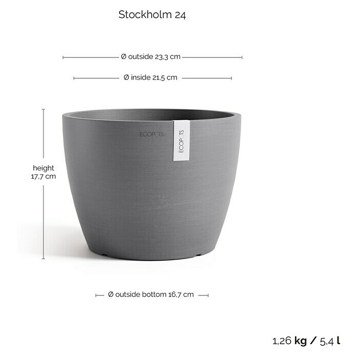 Ecopots Pflanztopf Stockholm (Außenmaß (Ø x H): 23,2 x 17,6 cm, Kunststoff, Grau) | BAUHAUS