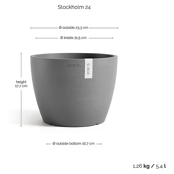 Ecopots Pflanztopf Stockholm - Außenmaß (Ø x H): 23,3 x 17,7 cm, Kunststoff, Grau - Grauer, runder ECOPOTS Pflanztopf mit strukturierter Oberfläche.