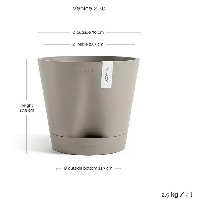 Ecopots Pflanztopf Venice 2 - Außenmaß (Ø x H): 30 x 27,5 cm, Kunststoff, Braungrau - Kegelförmiger, beigegrauer ECOPOTS Blumentopf mit passendem Untersetzer und Maßen.