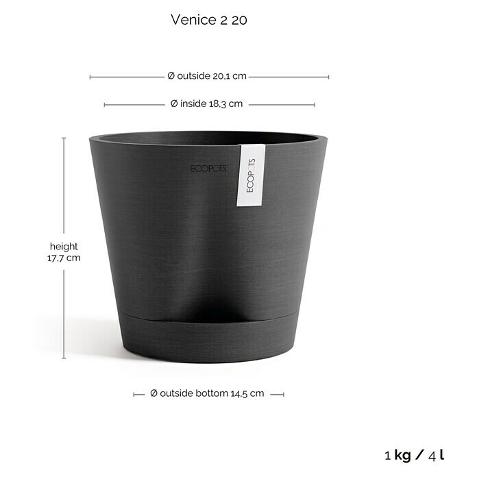 Ecopots Pflanztopf Venice 2 (Außenmaß (Ø x H): 20 x 17,5 cm, Kunststoff, Dunkelgrau) | BAUHAUS