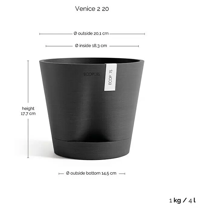Ecopots Pflanztopf Venice 2 - Außenmaß (Ø x H): 20,1 x 17,7 cm, Kunststoff, Dunkelgrau - Dunkelgrauer Pflanztopf mit Maßen: Höhe 17,7 cm, oberer Durchmesser 20,1 cm, Bodendurchmesser 14,5 cm und 4 L Fassungsvermögen.