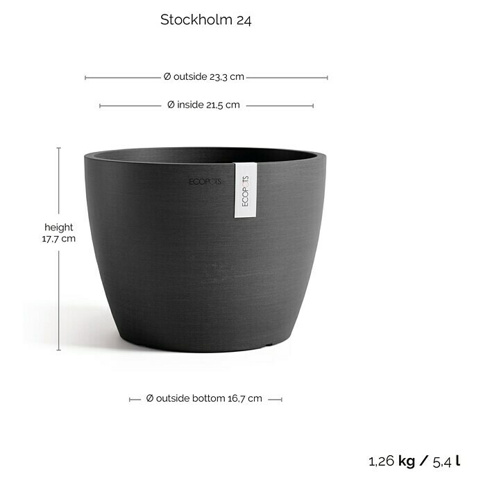 Ecopots Pflanztopf Stockholm (Außenmaß (Ø x H): 23,2 x 17,6 cm, Kunststoff, Dunkelgrau) | BAUHAUS