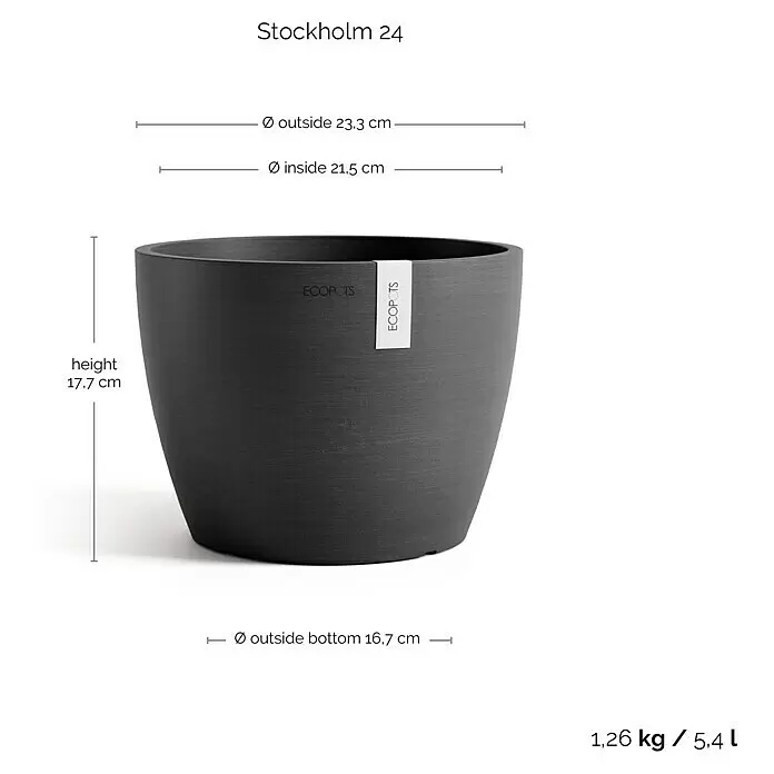 Ecopots Pflanztopf Stockholm - Außenmaß (Ø x H): 23,3 x 17,7 cm, Kunststoff, Dunkelgrau - Dunkelgrauer Stockholm 24 Pflanztopf mit sichtbaren Maßen: Höhe 17,7cm, Ø oben 23,3cm, Ø unten 16,7cm, 5,4L Volumen.