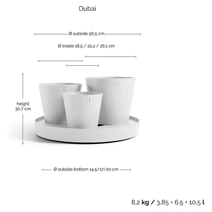 Ecopots Pflanztopf Dubai - Außenmaß (Ø x H): 56,5 x 30,7 cm, Kunststoff, Weiß, 3 Stk. - Drei weiße Blumentöpfe unterschiedlicher Größen auf einem runden Tablett, mit beschrifteten Maßen und Fassungsvermögen.