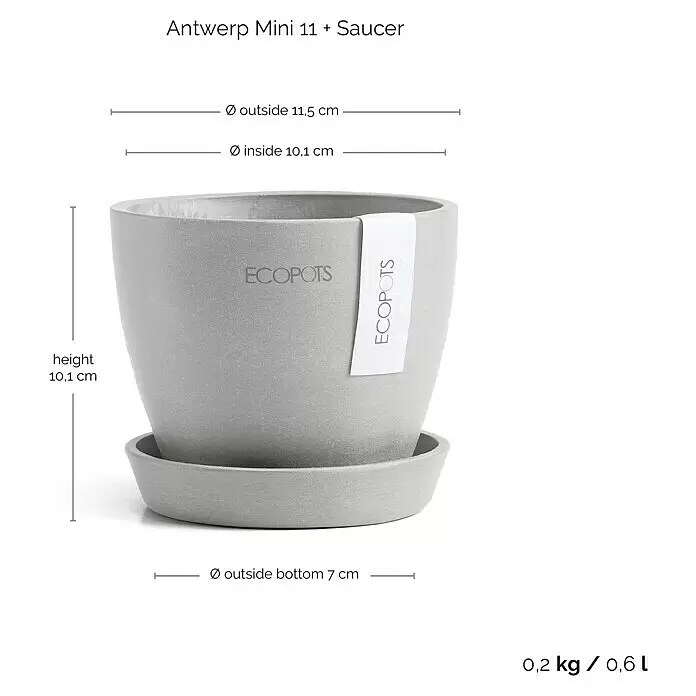 Ecopots Pflanztopf Antwerpen Mini - Außenmaß (Ø x H): 11,5 x 10,1 cm, Kunststoff, Weiß Grau - Grauer ECOPOTS Pflanztopf mit Untersetzer, Maße: Höhe 10,1cm, Ø oben 11,5cm, 0,6L Fassungsvermögen.
