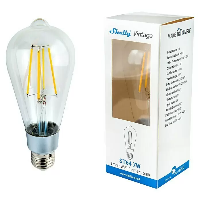 Shelly Smart-LED-Lampe Vintage ST64 - E27, Dimmbar, Warmweiß, 750 lm, 7 W - Eine Shelly Vintage ST64 7W smarte WLAN-Glühbirne aus Klarglas mit gelben LED-Filamenten, neben ihrer weißen und blauen Verpackung mit Produktdetails.