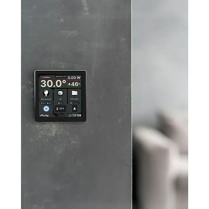 Shelly Touchscreen-Bediengerät Wall Display - Schwarz, 30 x 85 x 85 mm - Intelligenter Shelly-Bildschirm zur Steuerung von Heizung, Licht und anderen Geräten im Haus, mit Anzeige von Temperatur, Luftfeuchtigkeit und Energieverbrauch.