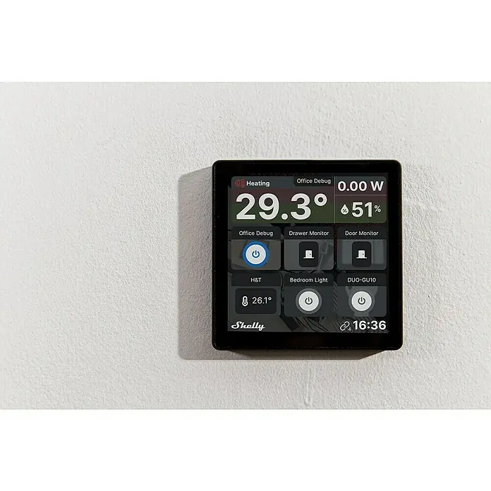 Shelly Touchscreen-Bediengerät Wall Display - Schwarz, 30 x 85 x 85 mm - Intelligenter Shelly-Wandschalter mit Touchscreen-Display zur Steuerung von Heizung, Beleuchtung und zur Überwachung von Sensoren im Smart Home.