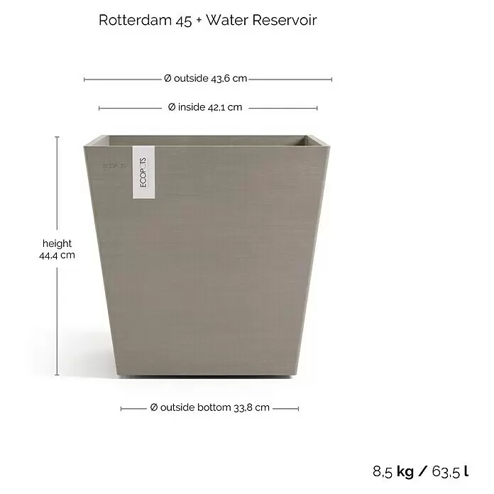 Ecopots Rotterdam Pflanzkasten mit Wasserspeicher - Außenmaß (L x B x H): 43,6 x 43,6 x 42,5 cm, Kunststoff, Braungrau - Grauer ECOPOTS Rotterdam 45 Pflanzkübel mit integriertem Wasserreservoir.
