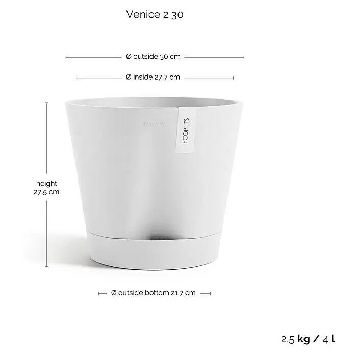 Ecopots Pflanztopf Venice 2 - Außenmaß (Ø x H): 30 x 27,5 cm, Kunststoff, Weiß - Weißer Ecopots Venice 2 30 Pflanztopf mit Untersetzer, Höhe 27,5 cm, oberer Durchmesser 30 cm, 4 L Volumen.