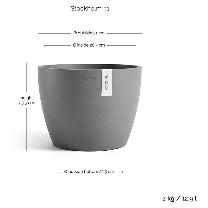 Ecopots Pflanztopf Stockholm (Außenmaß (Ø x H): 31 x 23,3 cm, Kunststoff, Grau) | BAUHAUS