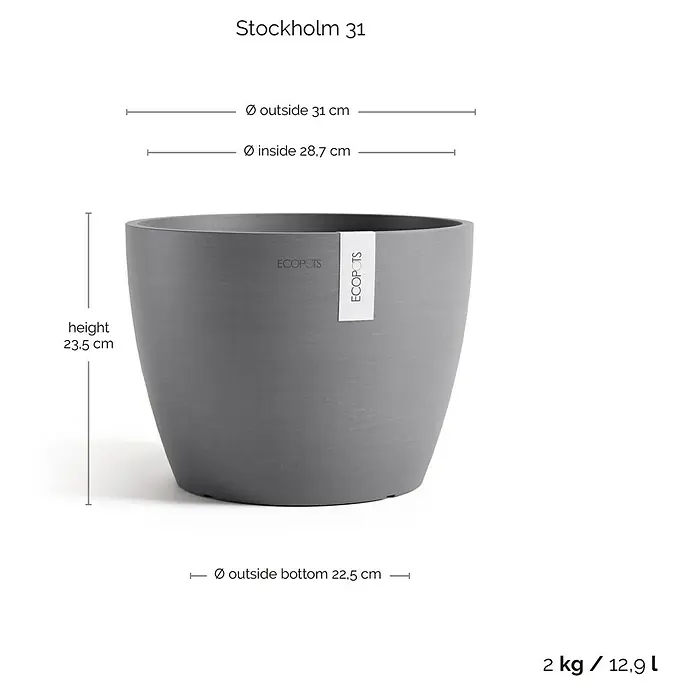 Ecopots Pflanztopf Stockholm - Außenmaß (Ø x H): 31 x 23,5 cm, Kunststoff, Grau - Abbildung eines grauen Stockholm 31 Pflanztopfs von Ecopots mit Größenangaben.