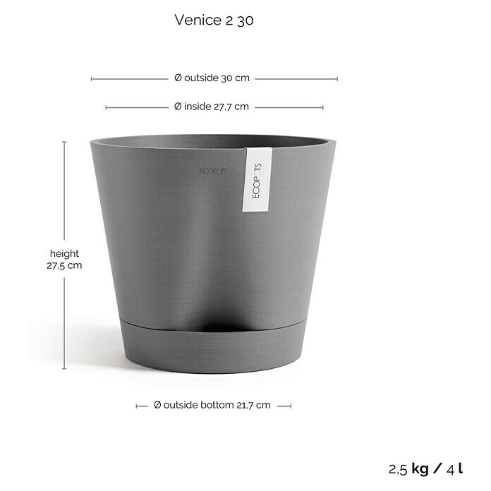 Ecopots Pflanztopf Venice 2 (Außenmaß (Ø x H): 30 x 26,3 cm, Kunststoff, Grau) | BAUHAUS