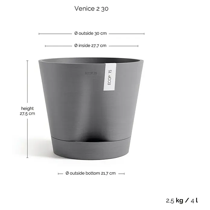 Ecopots Pflanztopf Venice 2 - Außenmaß (Ø x H): 30 x 27,5 cm, Kunststoff, Grau - Bild eines grauen "Venice 2 30" Blumentopfes mit Größenangaben.