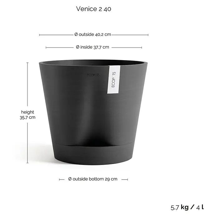 Ecopots Pflanztopf Venice 2 - Außenmaß (Ø x H): 40,2 x 35,7 cm, Kunststoff, Dunkelgrau - Abbildung eines schwarzen "Venice 2 40" Pflanzentopfes mit Größenangaben.