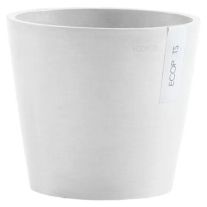 Ecopots Amsterdam Pflanztopf - Außenmaß (Ø x H): 20 x 17,1 cm, Kunststoff, Weiß - Matter weißer Pflanzentopf mit feiner Textur und 'ECOPOTS'-Etikett an der Seite.