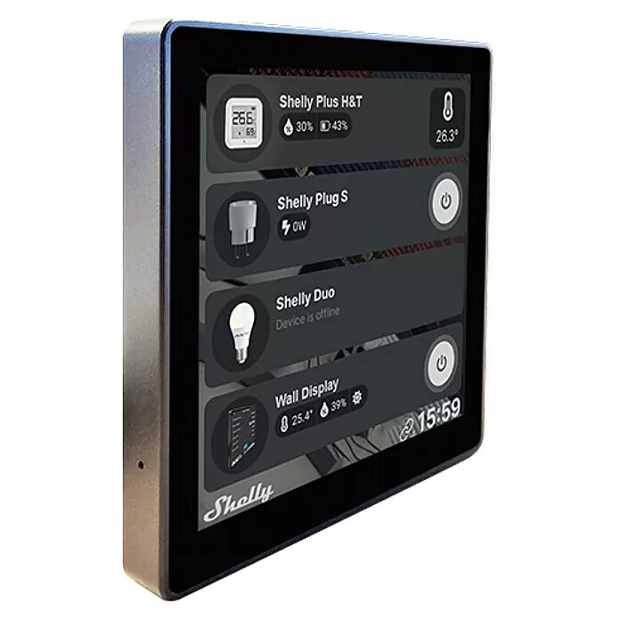 Shelly Touchscreen-Bediengerät Wall Display - Schwarz, 30 x 85 x 85 mm - Dunkelgerahmtes Smart Home Wanddisplay mit metallisch grauer Seite, zeigt Steuerungen und Status von Smart Devices.