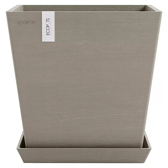Ecopots Rotterdam Pflanzkasten mit Wasserspeicher - Außenmaß (L x B x H): 25 x 25 x 24,6 cm, Kunststoff, Braungrau - Taupefarbener, strukturierter rechteckiger ECOPOTS Übertopf mit passender Untertasse.