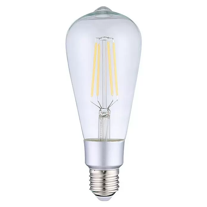 Shelly Smart-LED-Lampe Vintage ST64 - E27, Dimmbar, Warmweiß, 750 lm, 7 W - Klare Glas-LED-Filamentlampe mit sichtbaren gelben Filamenten und silbernem Schraubsockel.