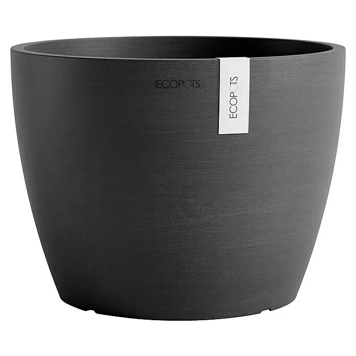 Ecopots Pflanztopf Stockholm - Außenmaß (Ø x H): 23,3 x 17,7 cm, Kunststoff, Dunkelgrau - Dunkelgrauer, texturierter ECOPOTS Blumentopf mit weißem Markenetikett.