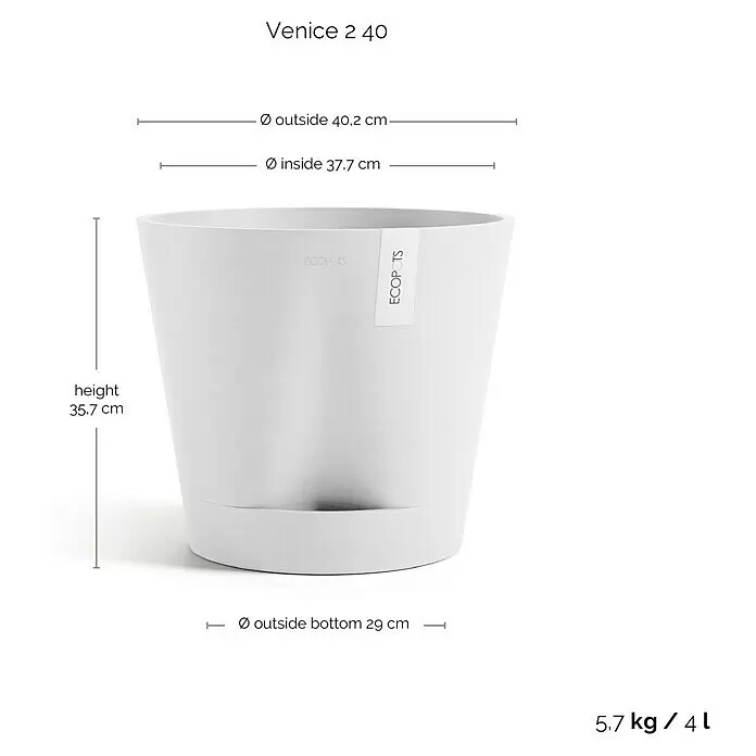 Ecopots Pflanztopf Venice 2 - Außenmaß (Ø x H): 40,2 x 35,7 cm, Kunststoff, Weiß - Weißer Pflanztopf mit Maßen: Ø außen 40,2cm, innen 37,7cm, Höhe 35,7cm, Boden Ø 29cm, 5,7kg, 4 Liter.